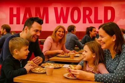 Happy families enjoying meals together