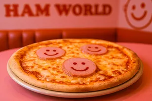 Pizza topped with smiley face ham pieces
