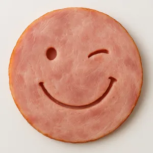 Winking ham face with lopsided carved smile
