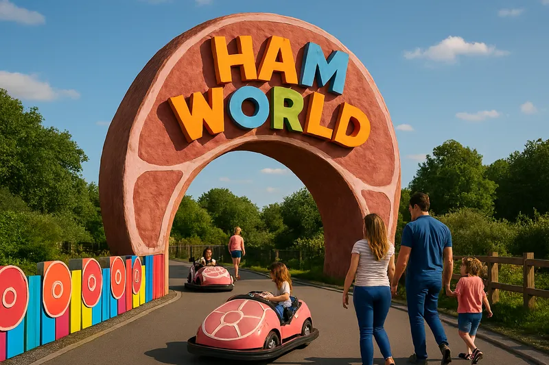 Ham World entrance with giant ham-shaped archway and families entering