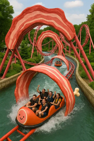Water ride with rafts going through giant bacon strip tunnels