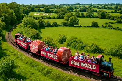 Miniature train with ham-themed carriages touring Ham World