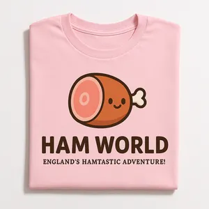 Pink Ham World t-shirt with cute ham mascot logo